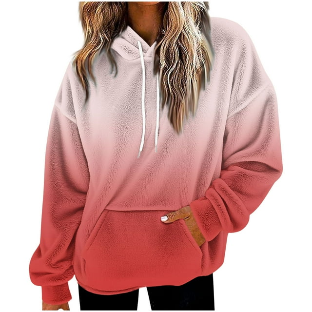 Hauts Décontractés pour Femmes, Sweat à Capuche Décontracté à Manches Longues et Épaules Tombantes en Peluche Dégradée, Coupe Régulière, avec Poches