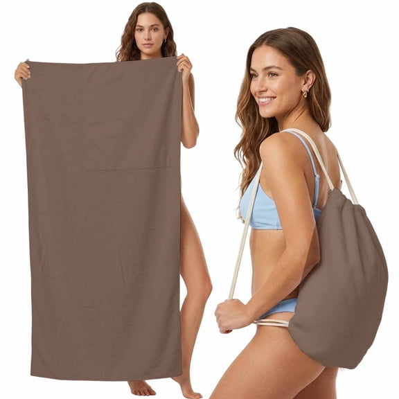 Beach Towel Backpack, Pure Brown 2 in 1 Soft Absorbent Beach Blanket Travel Towels for Pool Swim Gym Picnic Camping, Simple Solid Color Portable Drawstring Bag 27.6x55 Inch