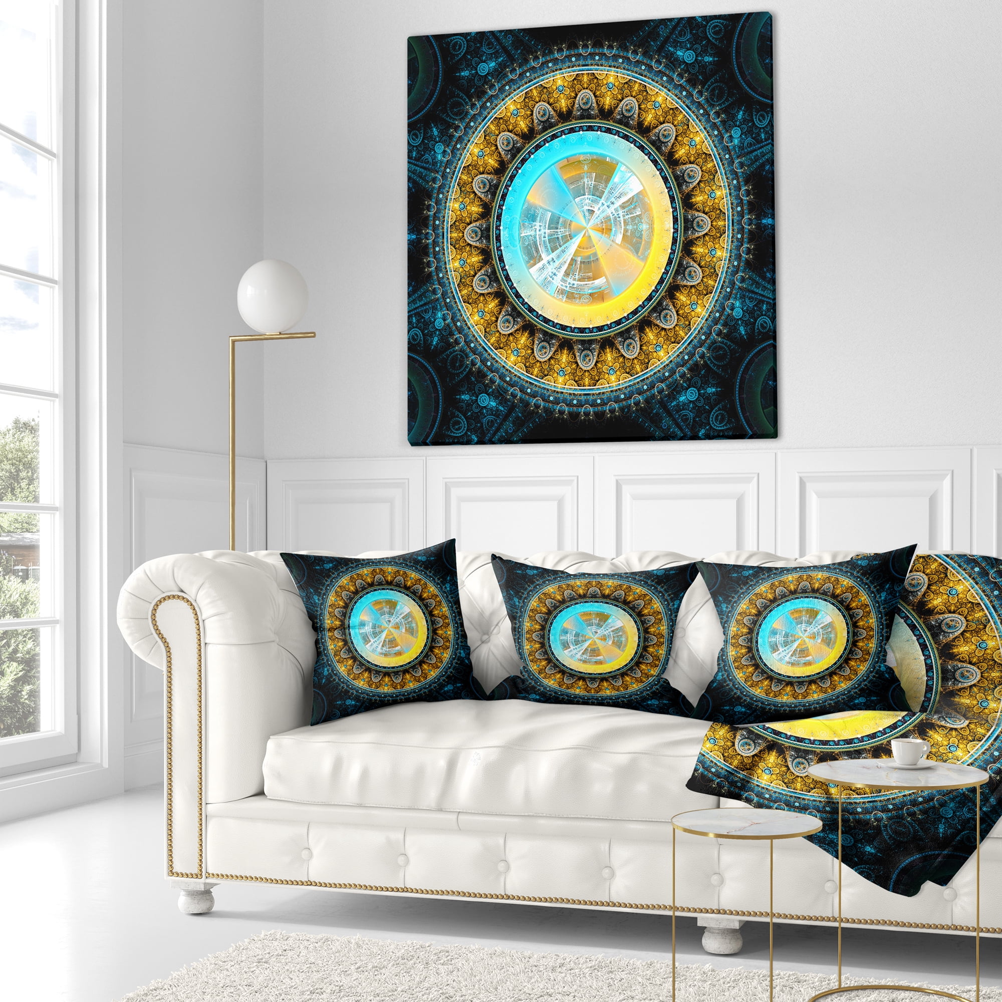 Designart Large Rounded Symmetrical Flower Yellow - Abstract Throw Pillow - 18x18