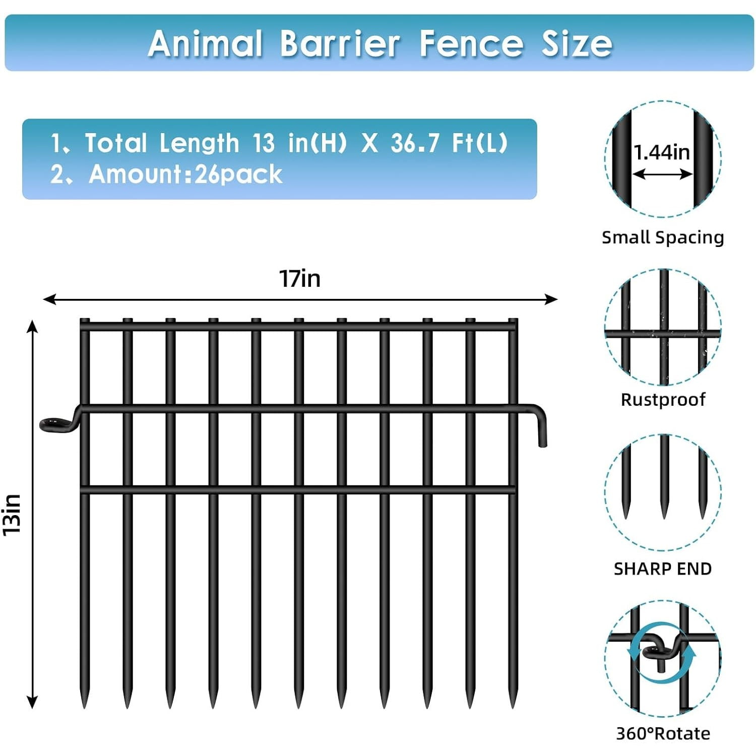 37ft (L) X 13in (H) Garden Animal Barrier Fence, 26 Pack No Dig Dog Fence Border, 1.44in Gap Decorative Fences, Rustproof Metal Wire Garden Border Fence for Dog, Rabbits Ground Stakes
