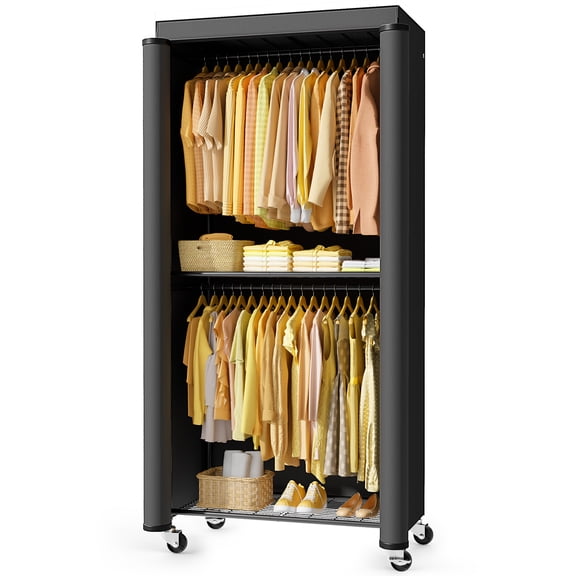 Sakugi Clothes Rack with Cover, Versatile Wardrobe Closet with Hooks, Shelves, Wheels, Clothing Rack for Hanging Clothes in Entrance, Bedroom, Laundry, 33" x 12.5" x 79.0", Black