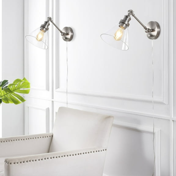 JONATHAN Y Cowie 8" Iron/Glass Adjustable LED Wall Sconce, Nickel (Set of 2)