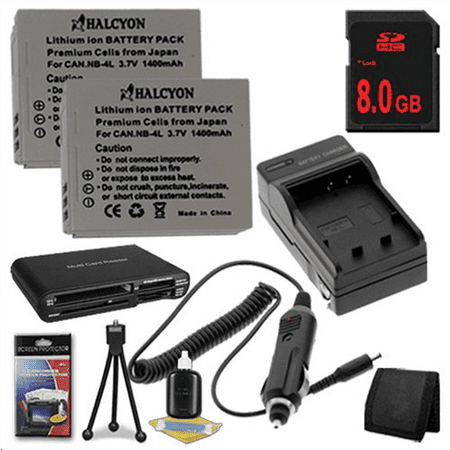 TWO NB4L Lithium Ion Replacement Battery w/Charger + 8GB SDHC Memory Card + Memory Card Reader/Wallet + Deluxe Starter Kit for Canon PowerShot Elph 100 HS 300 HS, SD1000 IS, SD1400 IS, SD200, SD300,