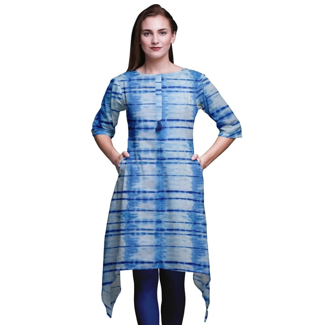 Bimba Hauts Imprimés Shibori à Rayures Bleues pour Femmes Kurti Asymétrique Robe d'Été pour Filles Grande