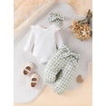 thumbnail image 3 of Elippeo Baby Girl Fall Outfit, Long Sleeve Ribbed Romper 3 6 12 18 24 Months Checkerboard Pants Daisy Headband Belt 4 Piece Set, 3 of 10