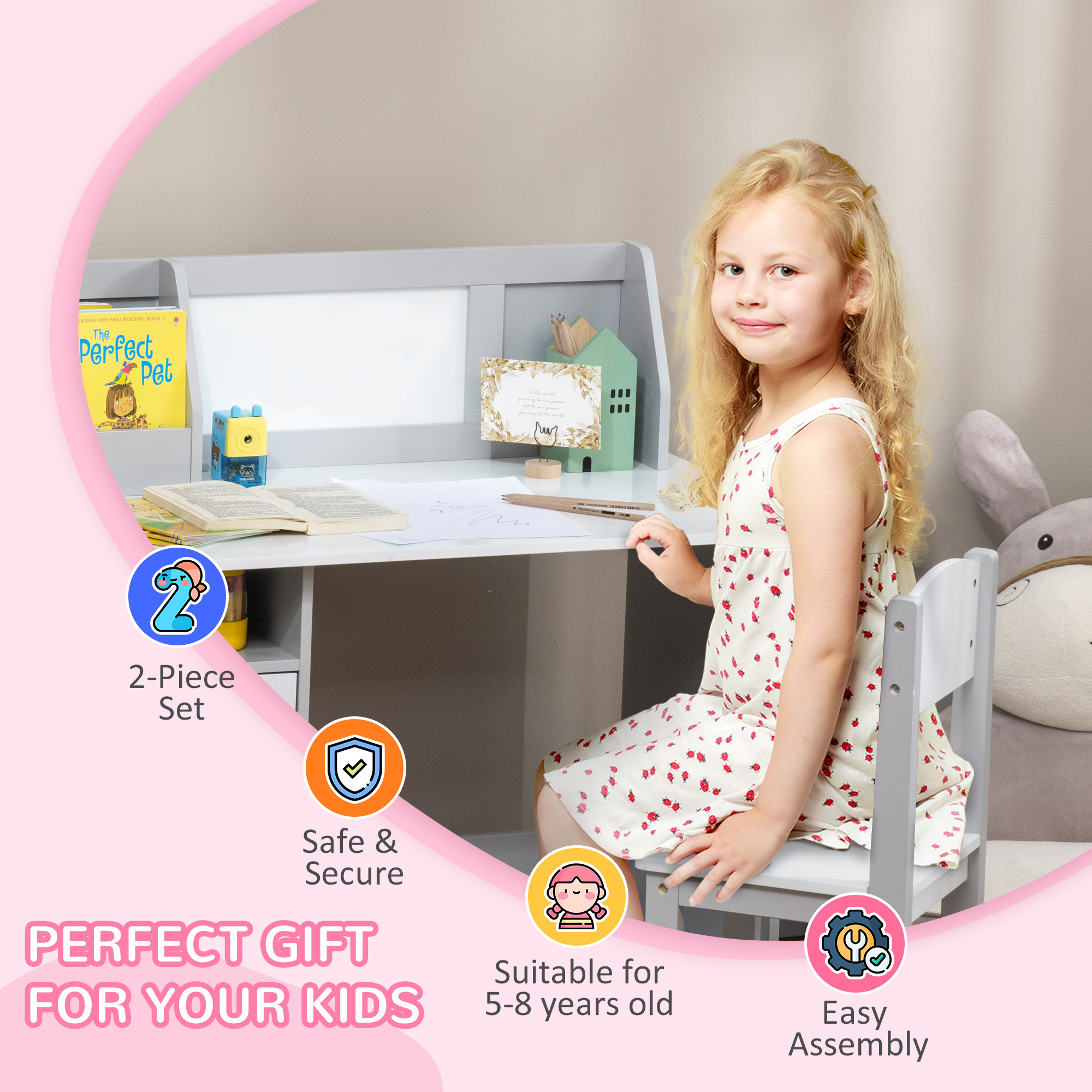Qaba Toddler Table and Chair Set, with Whiteboard, Kids Writing Desk Homework Table, Gray