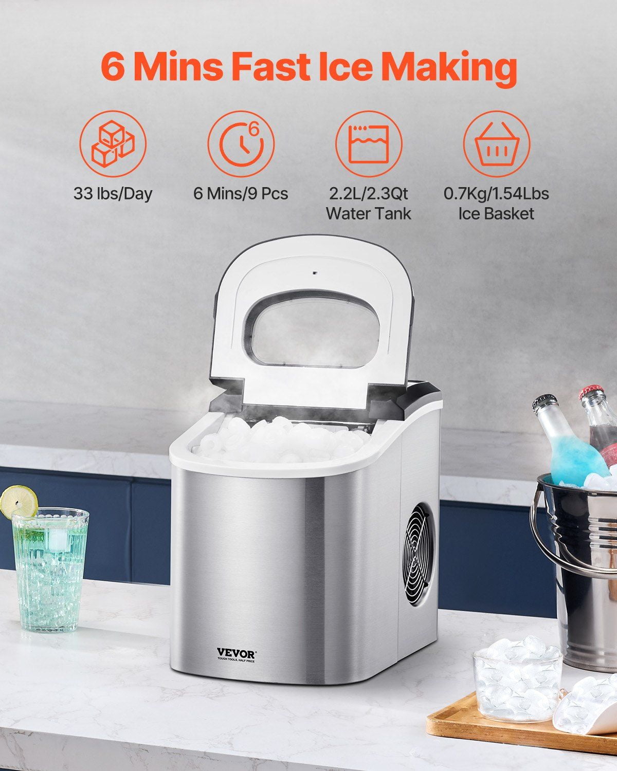Portable Self Cleaning Countertop Ice Maker 33 Pounds in 24 Hours 9 Cubes in 6 Minutes with Ice Scoop Basket Bullet Shape Ice for Home Kitchen Office Bar Party