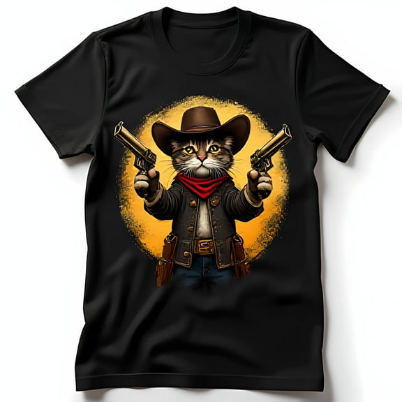 Comical Cowboy Cat Graphic on Black T-Shirt Fun & Whimsical Design