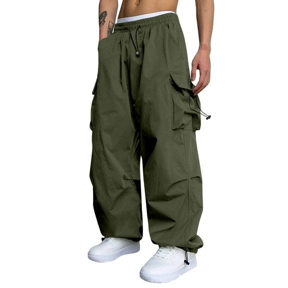 Mens Loose Fit Cargo Pants Wide Leg Drawstring Waist Multi Pocket Streetwear Style Trousers for Casual Daily Wear Army Green L