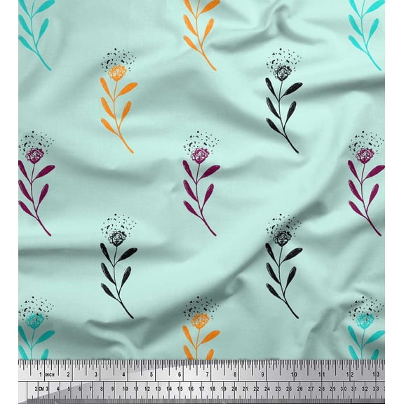 Soimoi Green polyester Crepe Fabric Cotton Ball Leaves Decor Fabric Printed Yard 42 Inch Wide