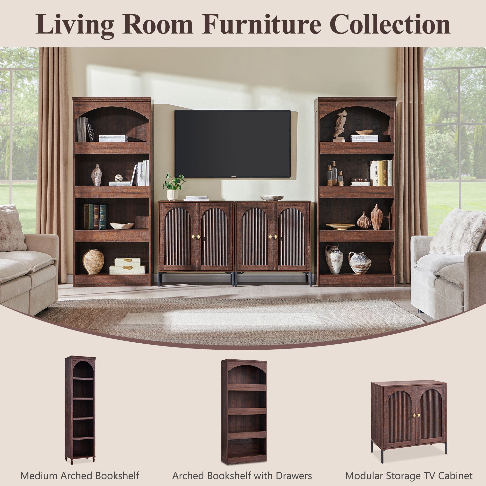 SinCiDo 76" Tall Arched Bookcase w/Hidden Magnetic Lock Drawer at the Bottom, 4-Tier Large Open Bookshelf w/3 Pull-Out Drawers for Living Room, Office