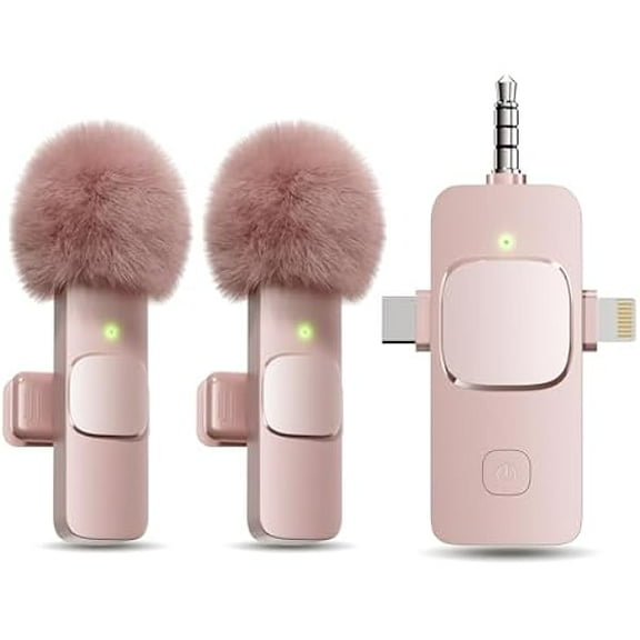 3 in 1 Wireless Lavalier Microphones for iPhone, iPad, Android, Camera, Mini Microphone, 7-Hour Battery, High Definition Sound Quality for Interview, Video Podcast, Vlog (Pink)