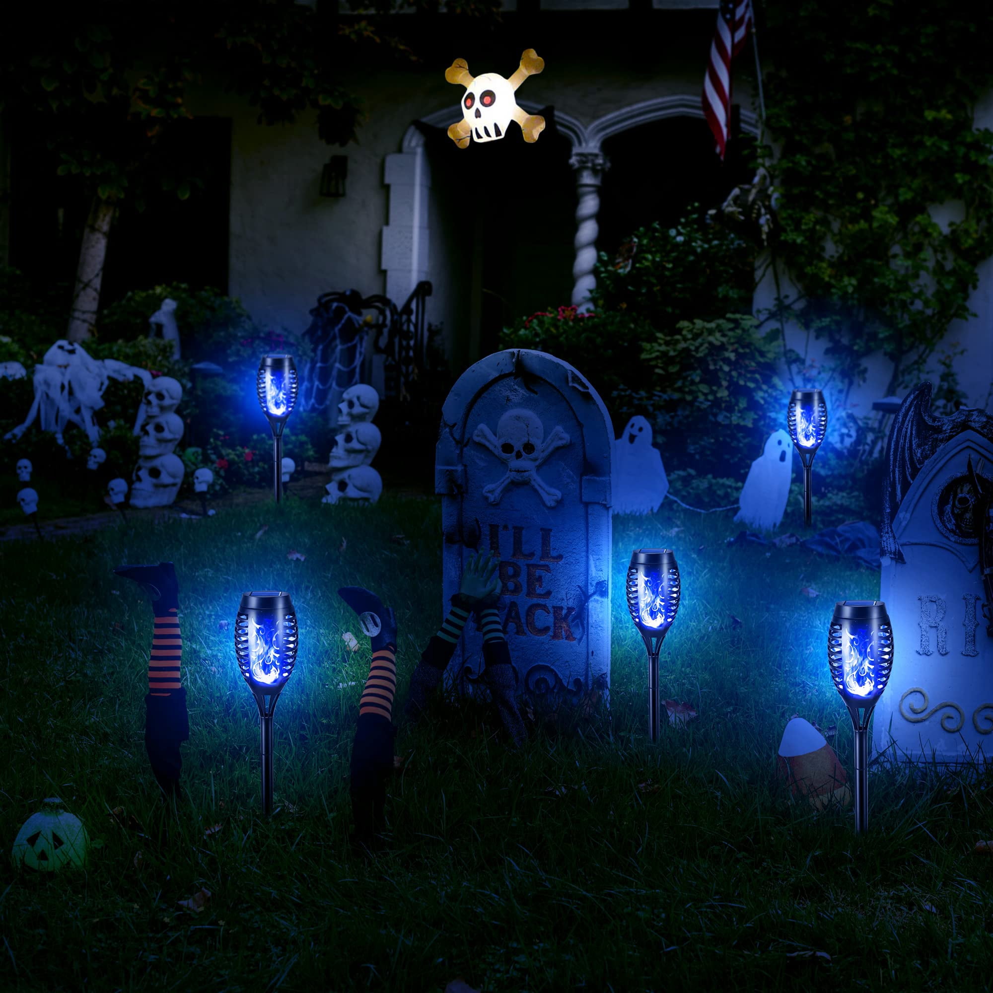 Toodour Solar Halloween Lights Outdoor, 12 Pack LED Solar Torch Lights with Flickering Flame, Waterproof Halloween Decorations for Patio Garden Yard Pathway Landscape, Blue