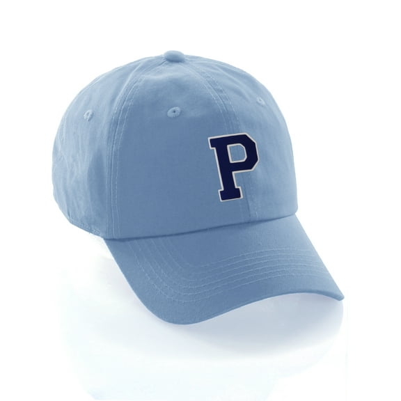 Customized Letter Intial Baseball Hat A to Z Team Colors, Sky Cap White Navy Letter P