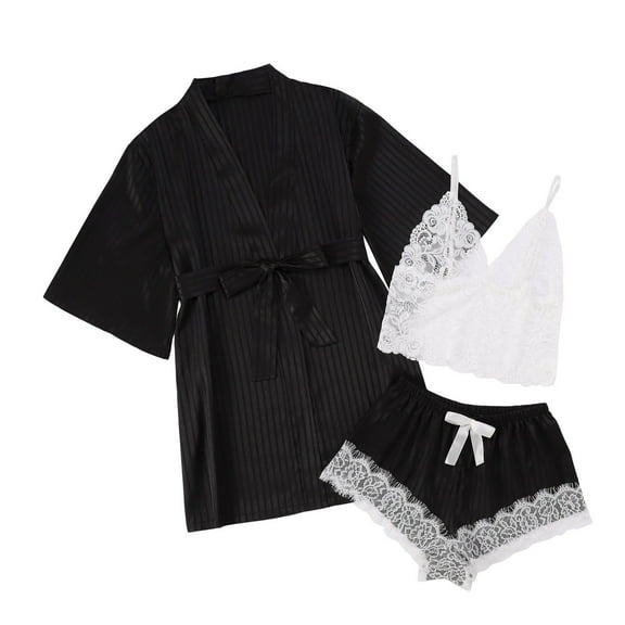 Women's Silk Satin Pajama Set Floral Lace Sleepwear With Robe Comfortable Nightwear For Elegant Relaxation
