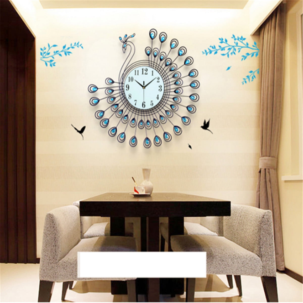 21" Fashion Oversize 3D Diamonds Peacock Wall Clock Decorative Silent