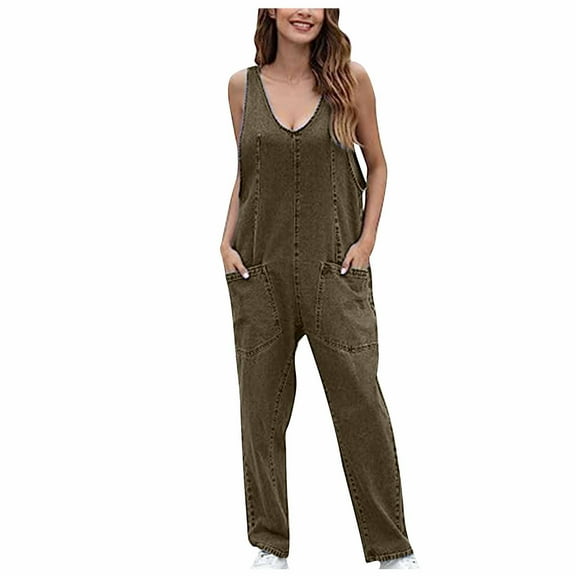 GSPCLAM Denim Overalls for Women Fall Solid Color Straight Leg Overalls with Pockets for Walk Loose Fit Flowy Clothes Army Green M