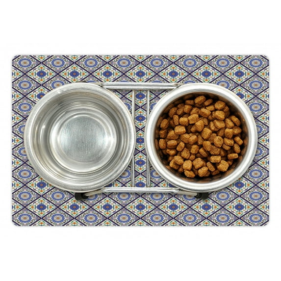 Geometric Pet Mat for Food and Water, Classical Plant Arrangement Moroccan Ornamental Flower Pattern Culture, Non-Slip Rubber Mat for Dogs and Cats, 18" X 12", by Ambesonne