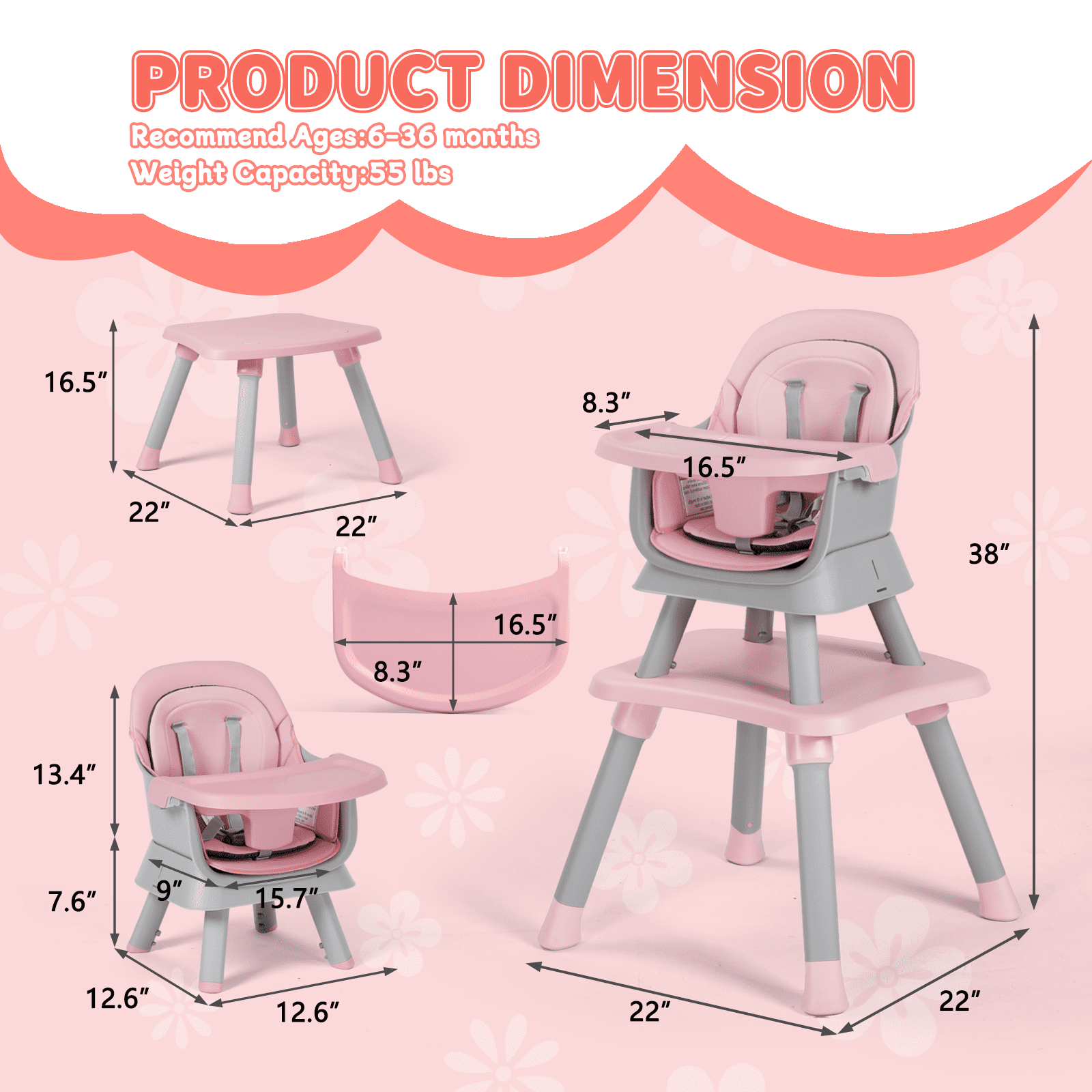 LINLUX 8 in 1 Convertible High Chair for Babies, Feeding Booster Seat for Toddlers, Pink