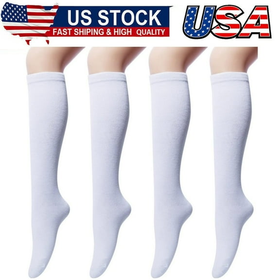 4Pair Knee High Socks for Women, Cotton White Long Tube Sock White Stockings for Outdoor Sport