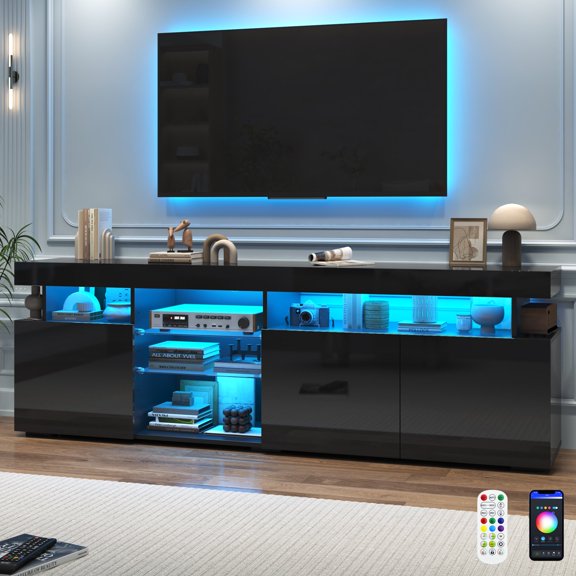 ANPOO 70.8'' LED TV Stand for TVs up to 85'', High Glossy Entertainment Center with Storage Cabinet, Modern TV Console Media Cabinet for Living Room, Bedroom