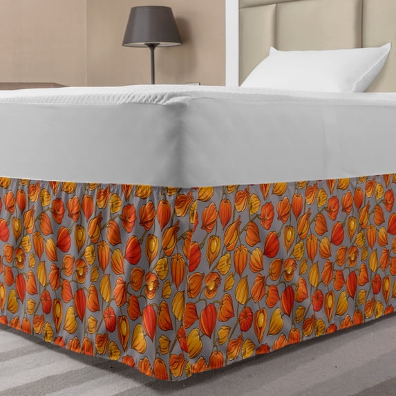 Autumn Bed Skirt, Physalis Tropical Golden Shade Berry on Minimalist Background Print, Elastic Bedskirt Dust Ruffle Wrap Around for Bedding Decor, 4 Sizes, Taupe Grey and Vermilion, by Ambesonne