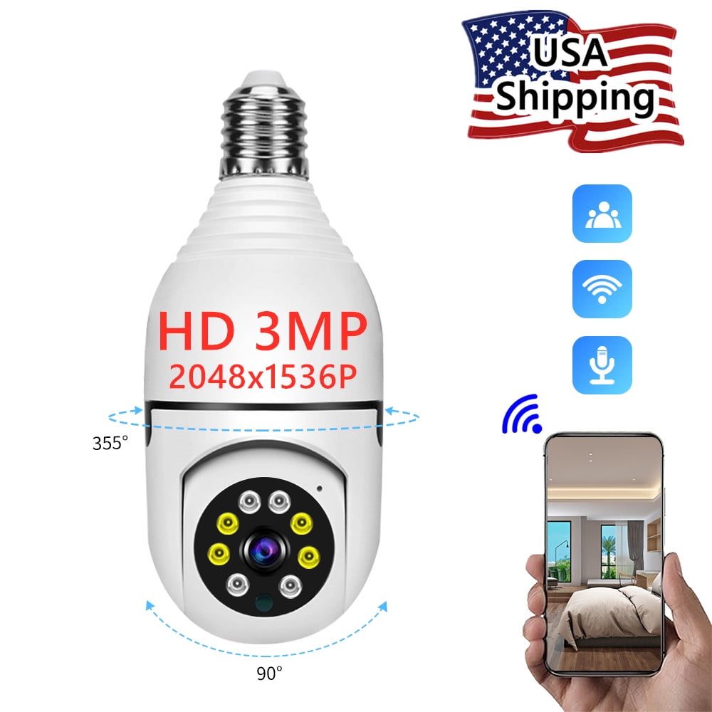 Light Bulb Camera, HD 3MP Wi-Fi  Camera 360 Degrees Panoramic Cam 2.4GHz Wi-Fi Security Camera, Home Wireless IP LED Camera, Color Night Vision/Alarm/ Auto Tracking Motion Detection