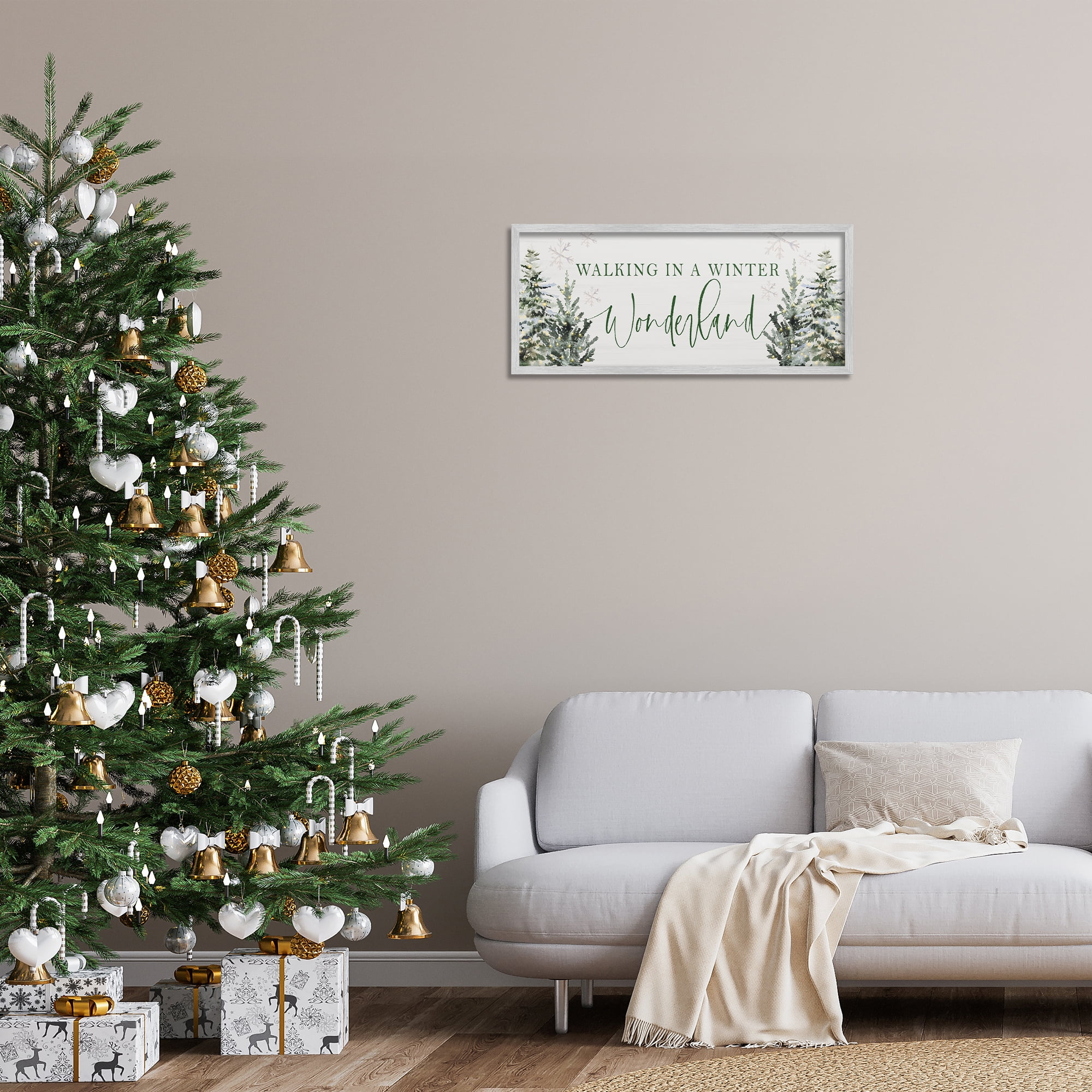 Stupell Industries Winter Wonderland Trees Typography Painting Gray Framed Art Print Wall Art, 30 x 13