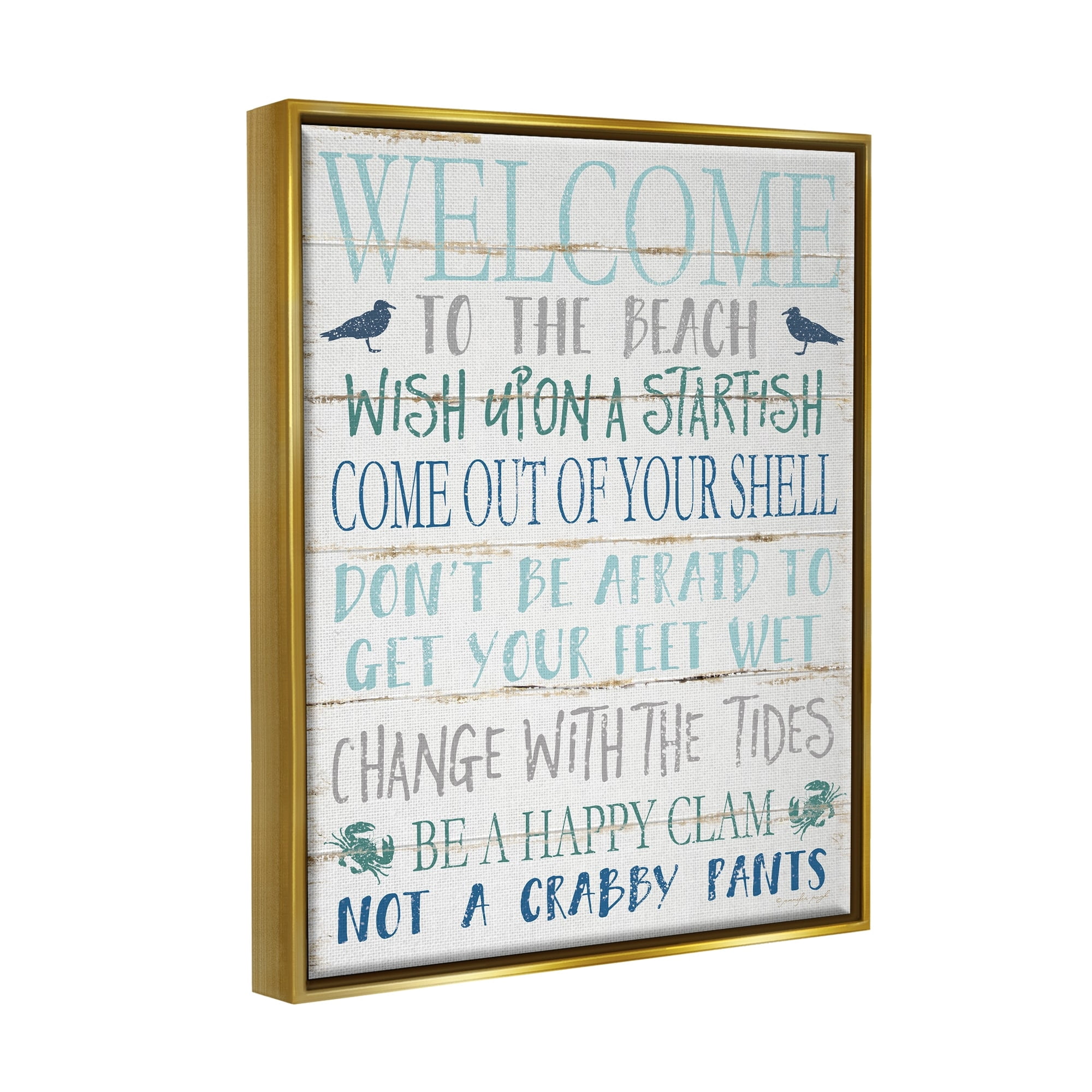Stupell Industries Welcome to the Beach Blue Aqua and White Planked Look Sign Metallic Gold Framed Floating Canvas Wall Art, 16x20, by Jennifer Pugh