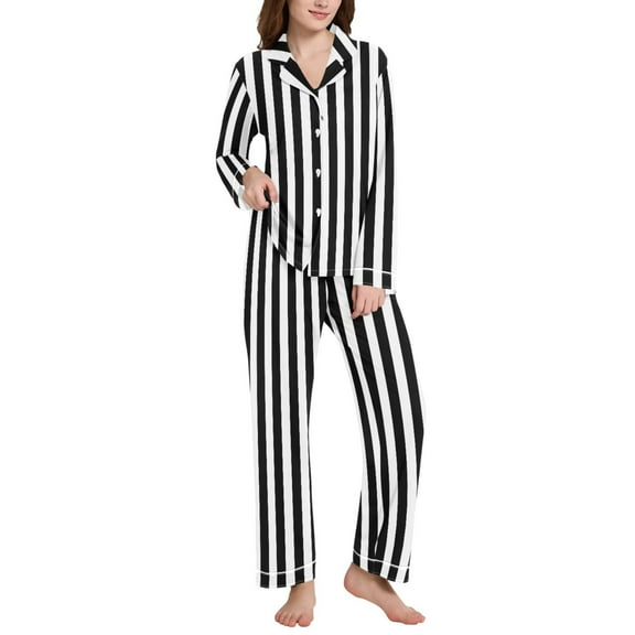 joogoo Pajamas Set for Women White and Black Stripe Pattern Long Sleeve Pjs Loungewear L