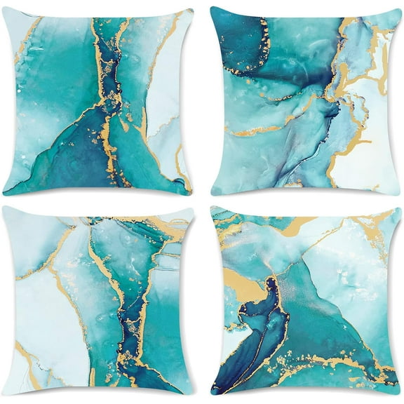 Turquoise Marble Throw Pillow Covers 16x16 Inch Set of 4 Two-Sided Teal Gold Abstract Art Modern Decorative Pillows Case Soft Velvet Outdoor Cushion Covers for Couch Sofa Bed Home Decor
