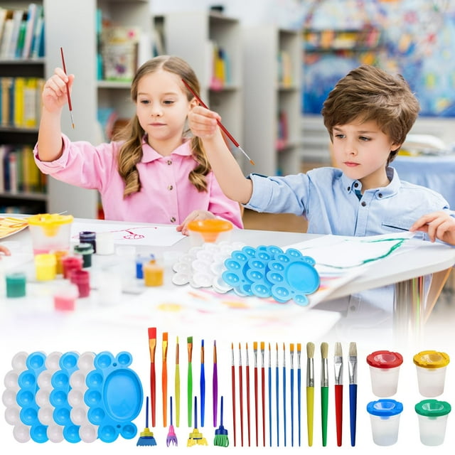 Kit de herramientas para pintura 34 piezas | Set de pinceles y vasos para niños | Suministros para arte acrílico y acuarela | Tapas codificadas por color a prueba de derrames | Tamaños variados para
