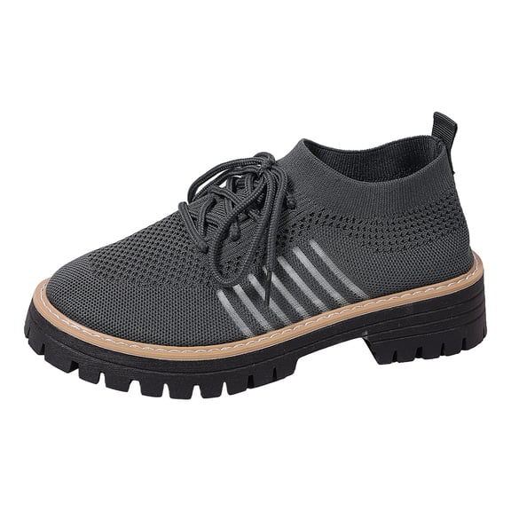 Women's Lace Up Knit Mary Jane Shoes Breathable Slip On Dress Shoes Chunky Heel Non Slip Walking Shoes Black Size 7.5