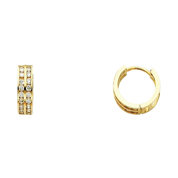 Solid 14k Yellow Gold Huggie Hoop Earrings CZ Huggies Round Two Row Pave Set Polished Small 12 mm