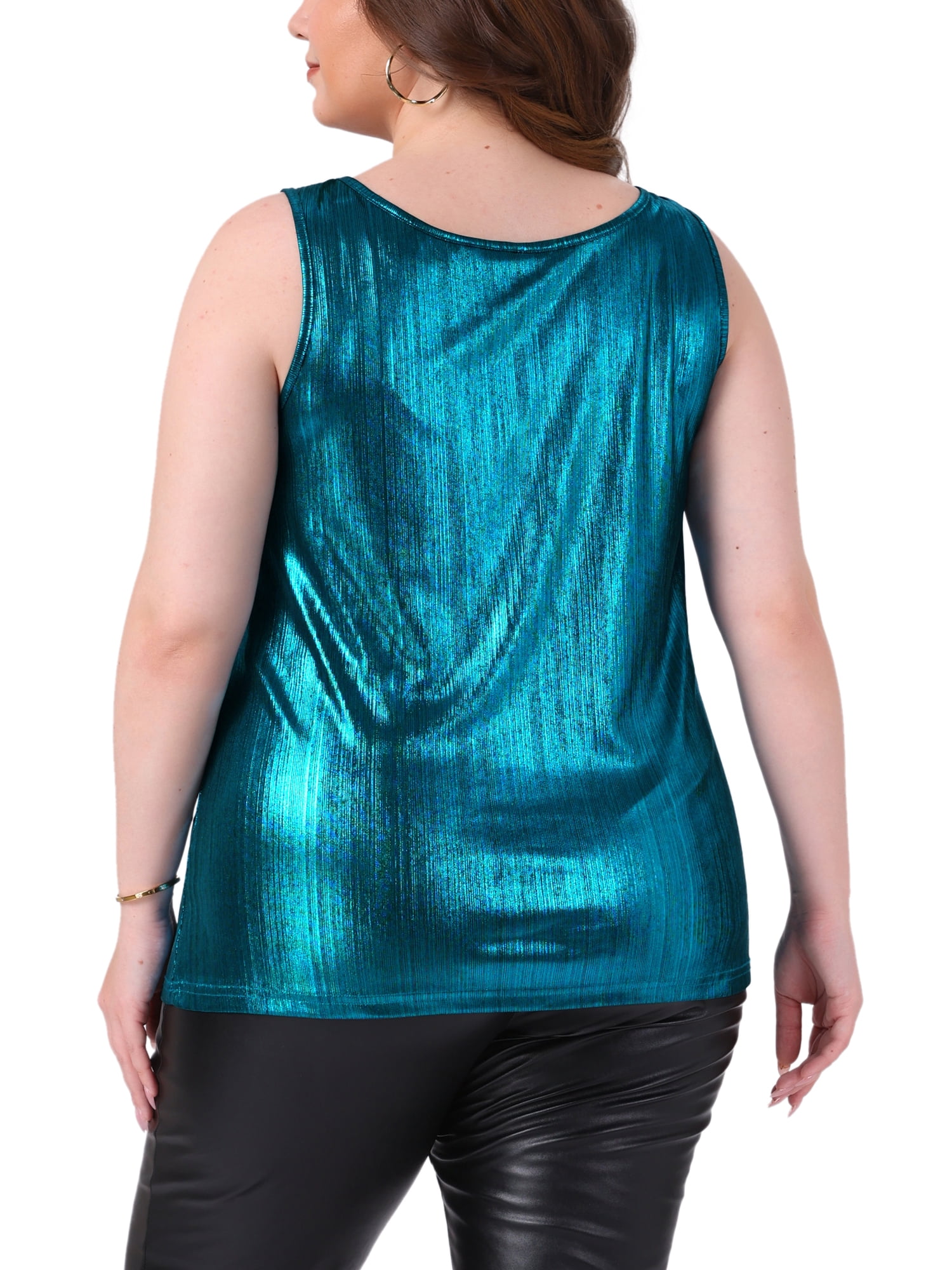 Agnes Orinda Women's Plus Size Tops Round Neck Sleeveless Party Clubwear Holographic Shiny Metallic Tank Top 1X Blue