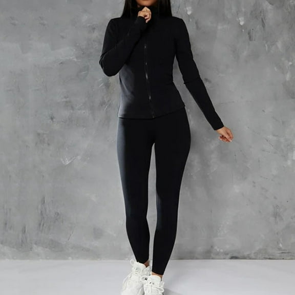 Women's Yoga Set Autumn Winter Solid Color Zipper Stand Sports Jacket Fitness Yoga Suit Long Pants Set Trendy Yoga Thick Mat Set Flying Yoga Swing Set Yoga Set for Beginners Yoga Shorts Set for Women