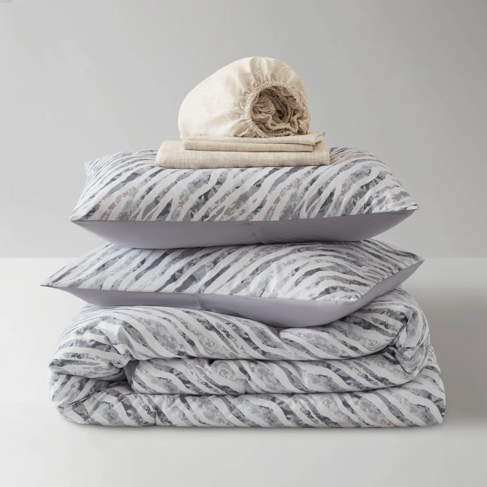 Grey Taupe Marble Stripe 7-Piece Bedding Set with Comforter Sham Flat Sheet Fitted Sheet Pillowcase, All-Season Polyester Microfiber Complete Bedding Bundle for Modern Bedroom