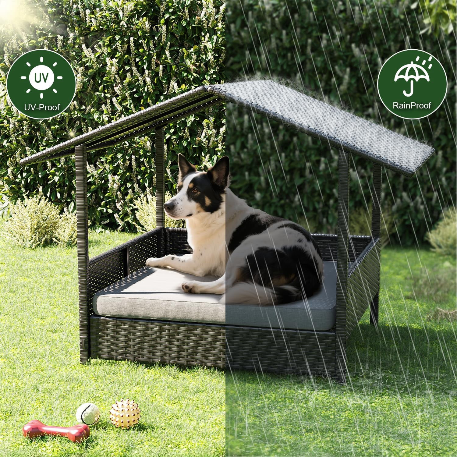 Wicker Dog House Outdoor Indoor with Canopy and Removable Cushion, Elevated Rattan Dog Bed Shelter for Small/Medium Dogs, Weather Proof Cushion Cover Pet Cabana for Patio, Deck, Pool, Yard,Black