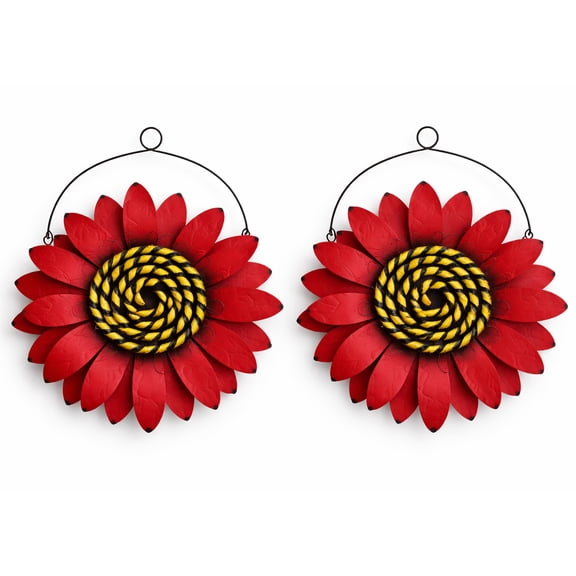 SeasonsEasy Set of 2 Metal Sunflower Wall Decor 11.5 Inch Indoor Outdoor Garden Art (Red)