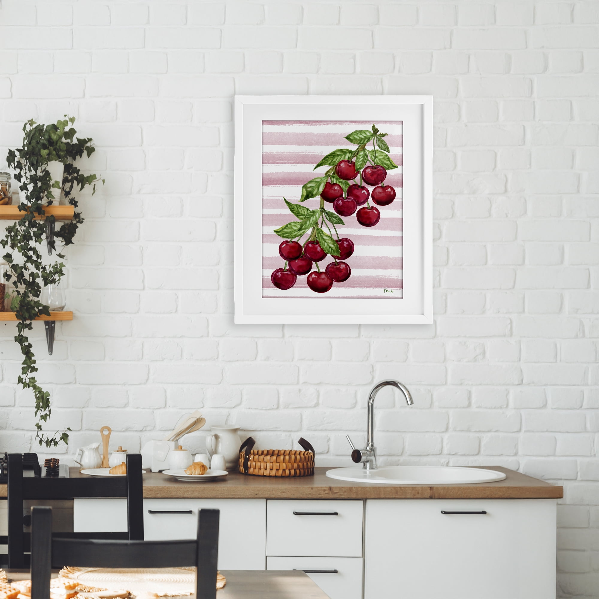 Stupell Industries Juicy Cherry Vine on Stripes White Framed Print Under Glass, design by Paul Brent
