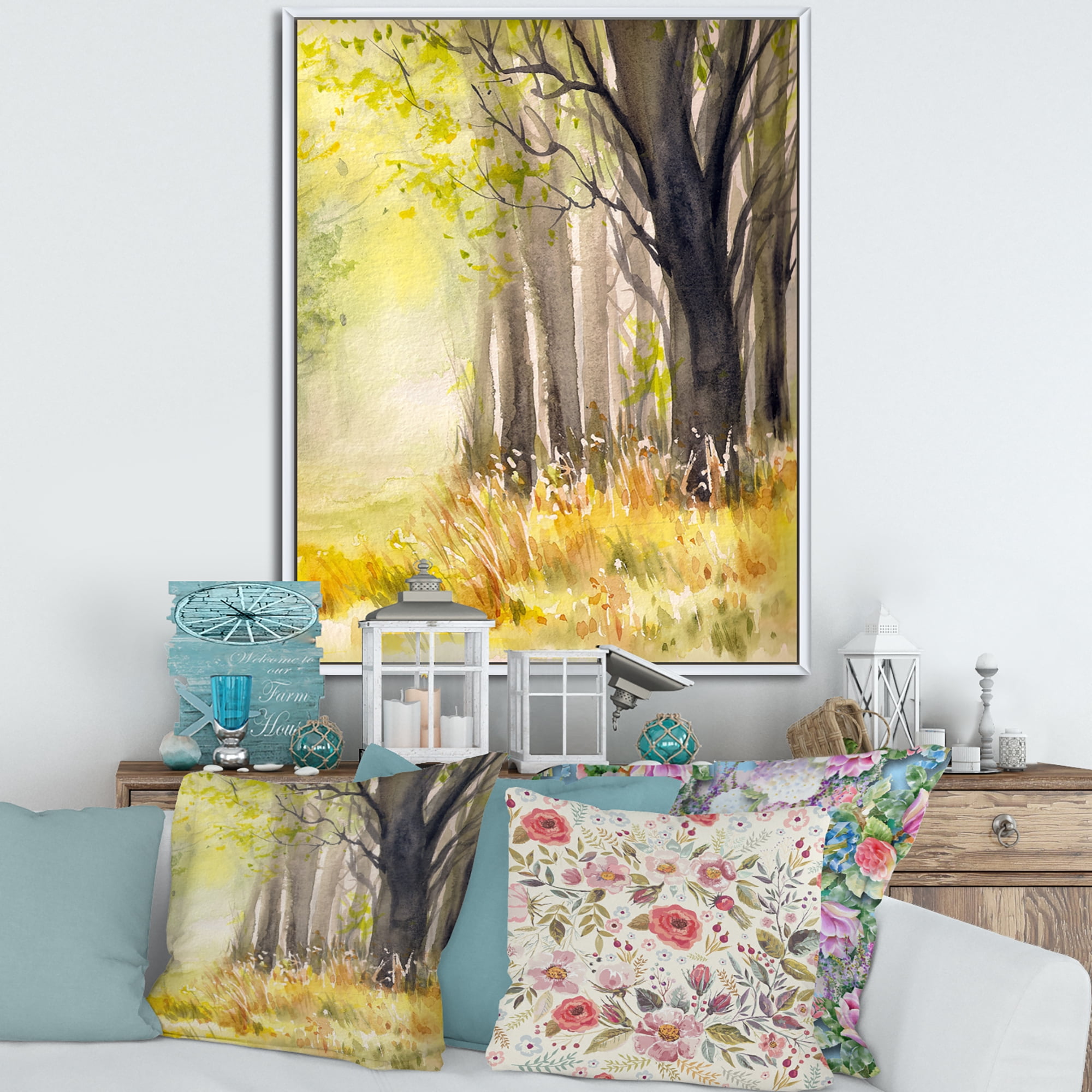 Designart 'Bright Sunshine Through The Yellow Forest Trees II' Traditional Framed Canvas Wall Art Print