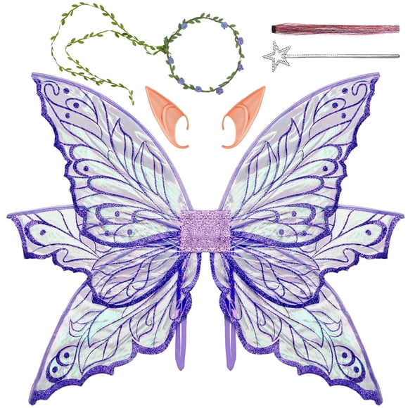 Disfraz de alas de hada para mujer adulta, color morado, 33 x 25 cm, con varita y orejas