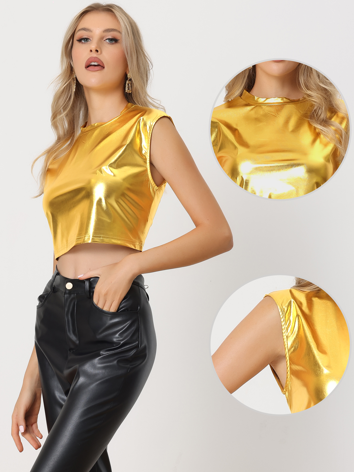 DARING DIVA Women's Sleeveless Sparkle Round Neck Crop Holographic Tops M Golds