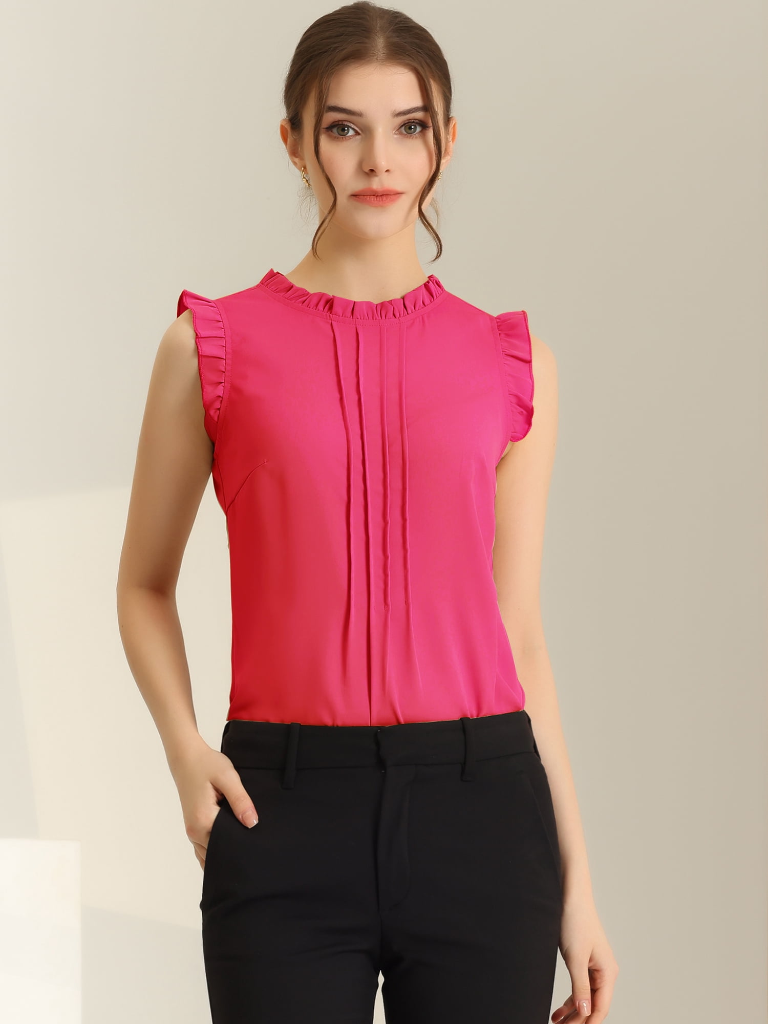 DARING DIVA Women's Ruffled Trim Pleated Plain Blouse Top XL Hot Pink