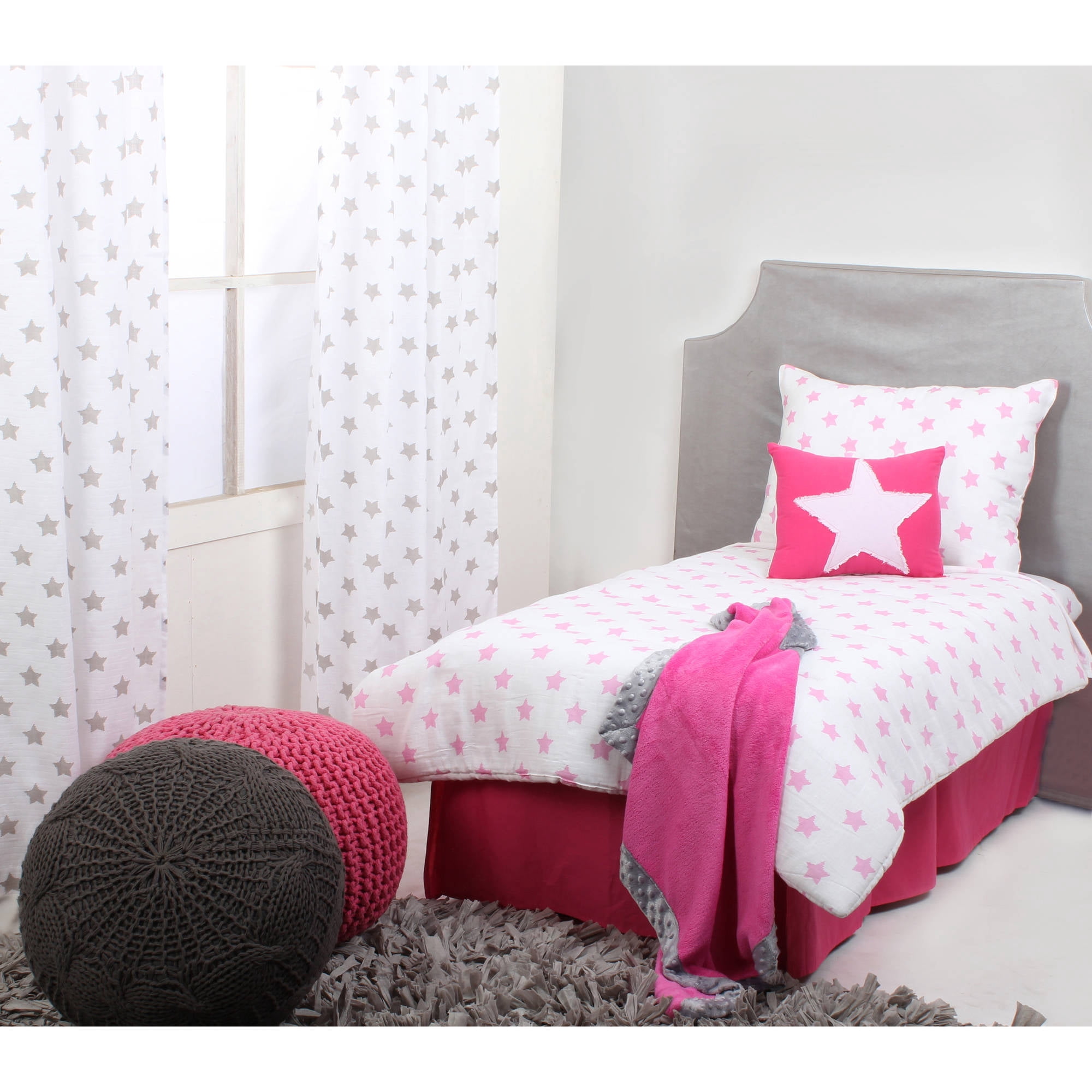 Bacati - Stars 100% Cotton Muslin Muslin 4-Piece Toddler Bedding Set, Pink