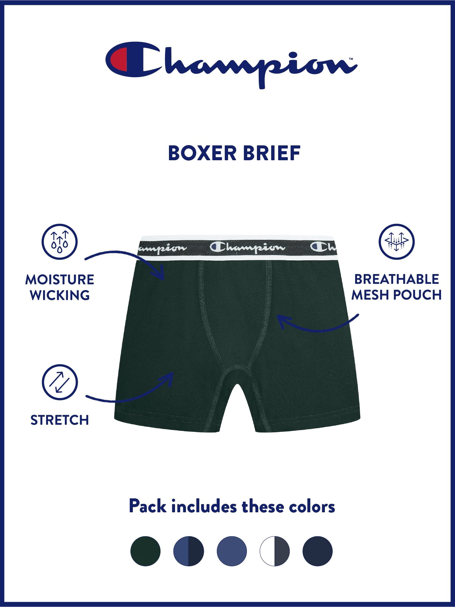 Champion Boys’ Softest Touch Classic Boxer Briefs, 5 Pack, Sizes XS–XL