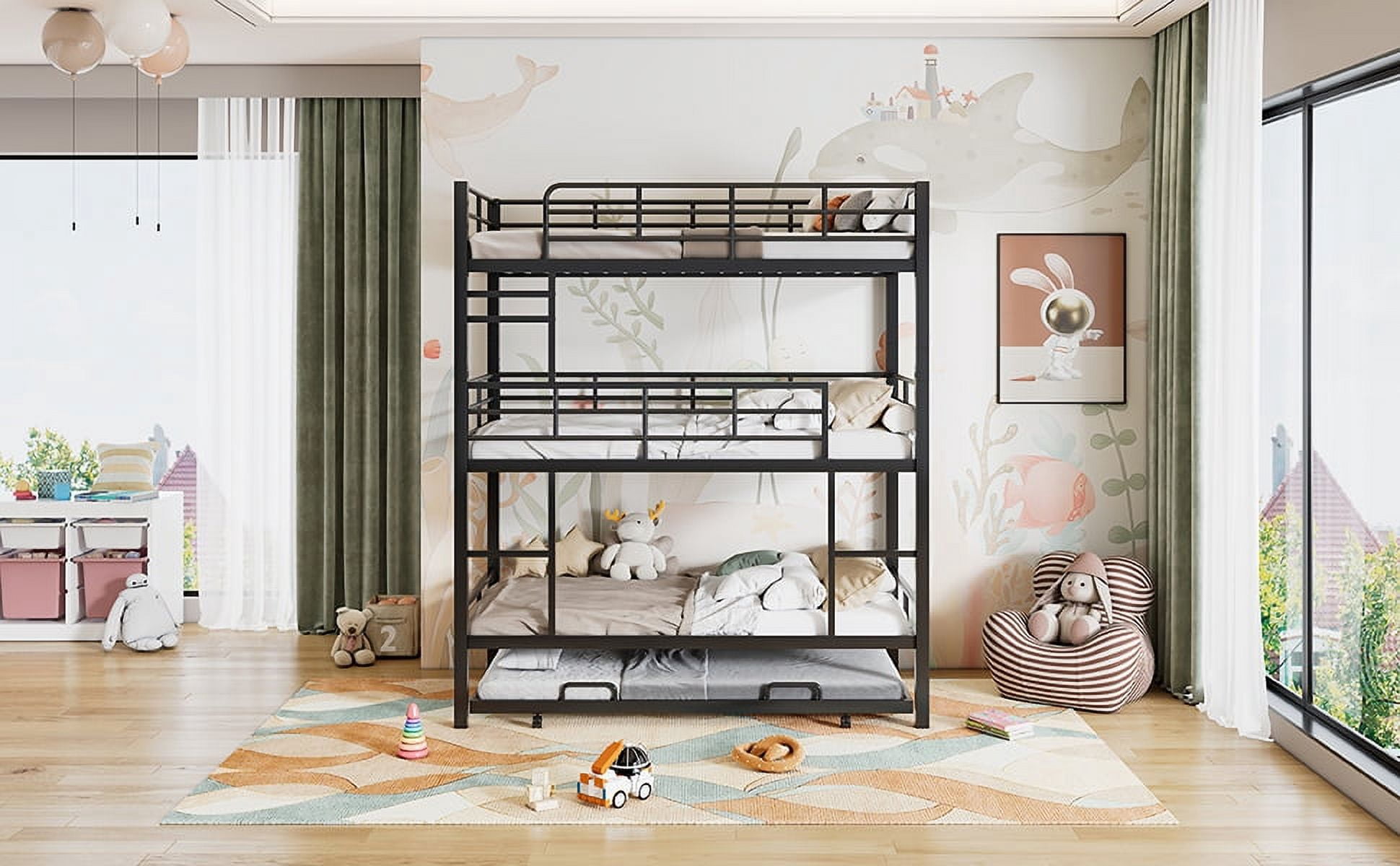 Metal Twin Size Triple Bunk Bed With Trundle, Black