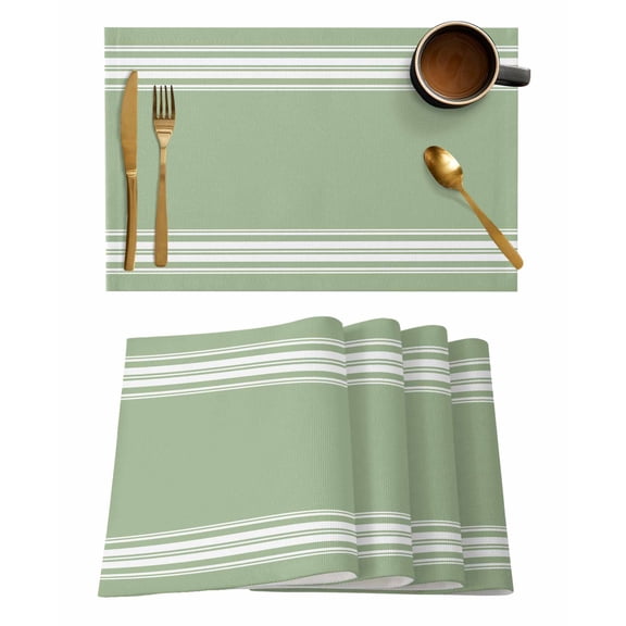 Sage Green Placemats Set of 4, Farmhouse Sage Green White Striped Placemats for Dining Table, Place Mats for Kitchen Tabletop, Waterproof Wipeable Dining Table Mats Set