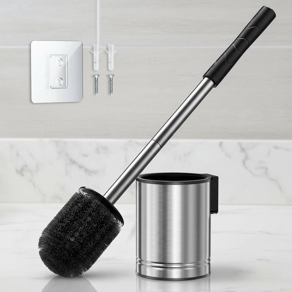 Toilet Bowl Brush Set: Compact Space-Saving Design with Hidden Holder for Bathrooms - Rustproof Scrubber Cleaner Kits Silver