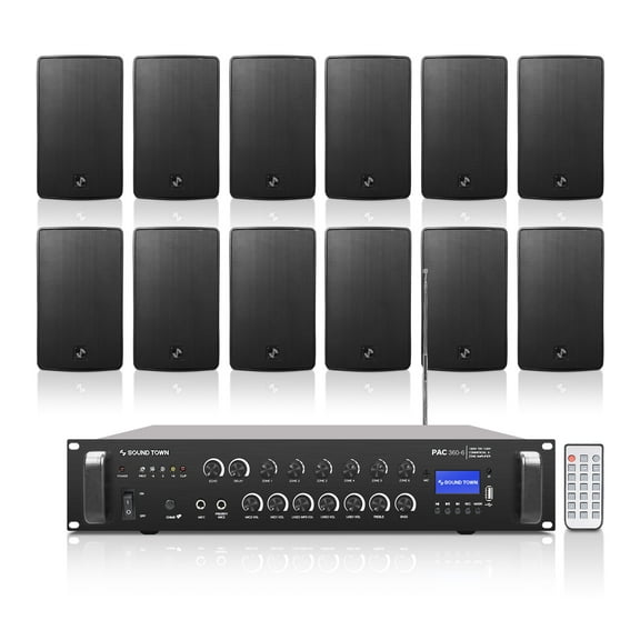 Sound Town Commercial Restaurant Bluetooth Amplifier   Surface-Mount Speaker Set, with One 6-Zone 70V/100V Amplifier with Bluetooth, 12 x 6.5-Inch Surface-Mount Speakers, Black (PAC360X12TV6B)